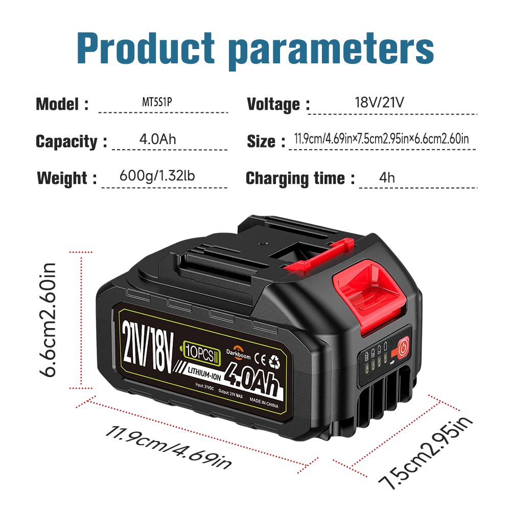 2 pièces 21 V 4,0 Ah Batterie pour outils électriques, batteries pour taille-haies, tondeuses, souffleurs à feuilles, taille-haies, aspirateurs à feuilles, nettoyeurs haute pression, coupe-bordures