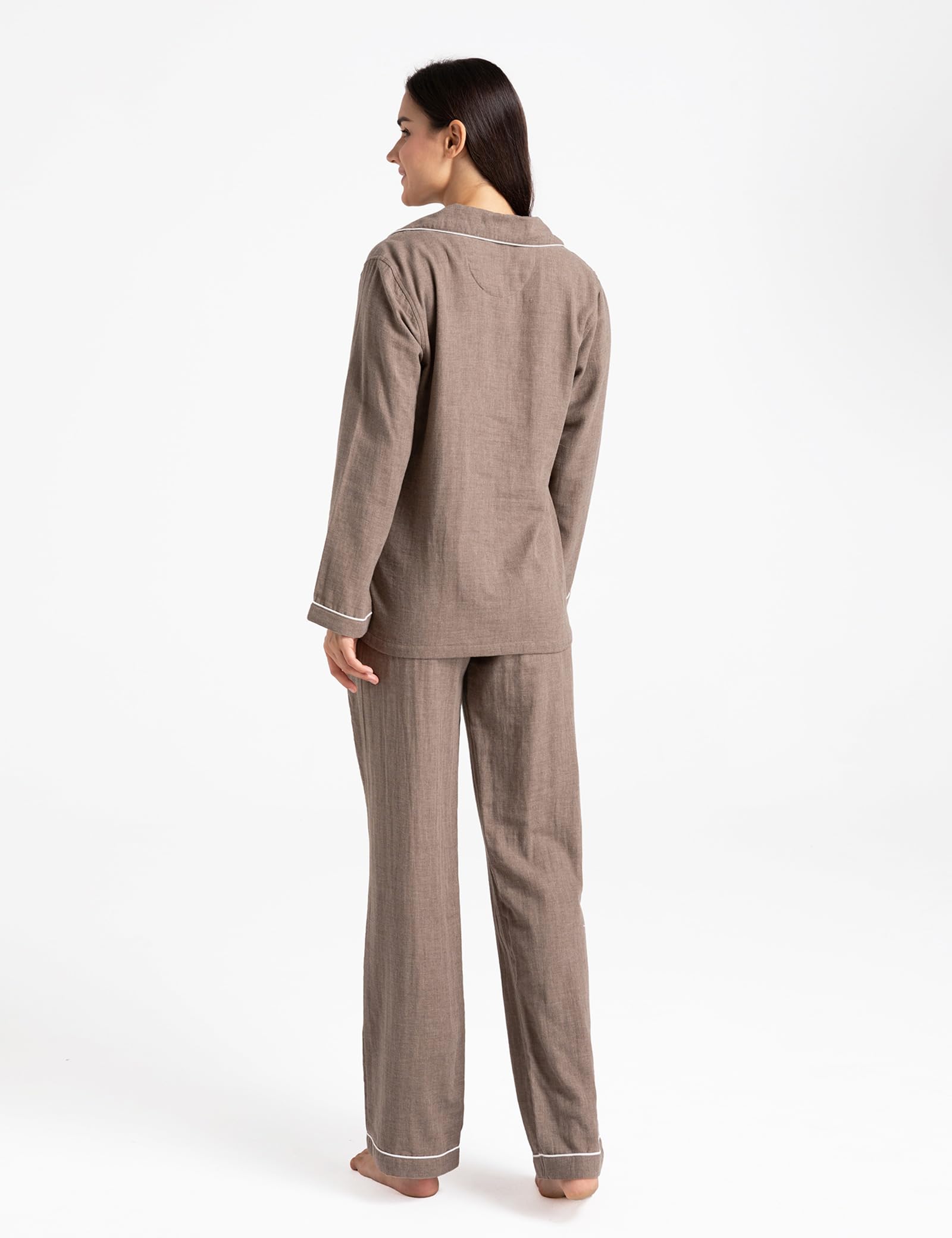 Conjunto de pijama para mujer, 100 % gasa doble, algodón y lino, de muselina, de manga larga, con botones, ropa de dormir suave | Conjunto de pijama transpirable suave y cómodo con botones