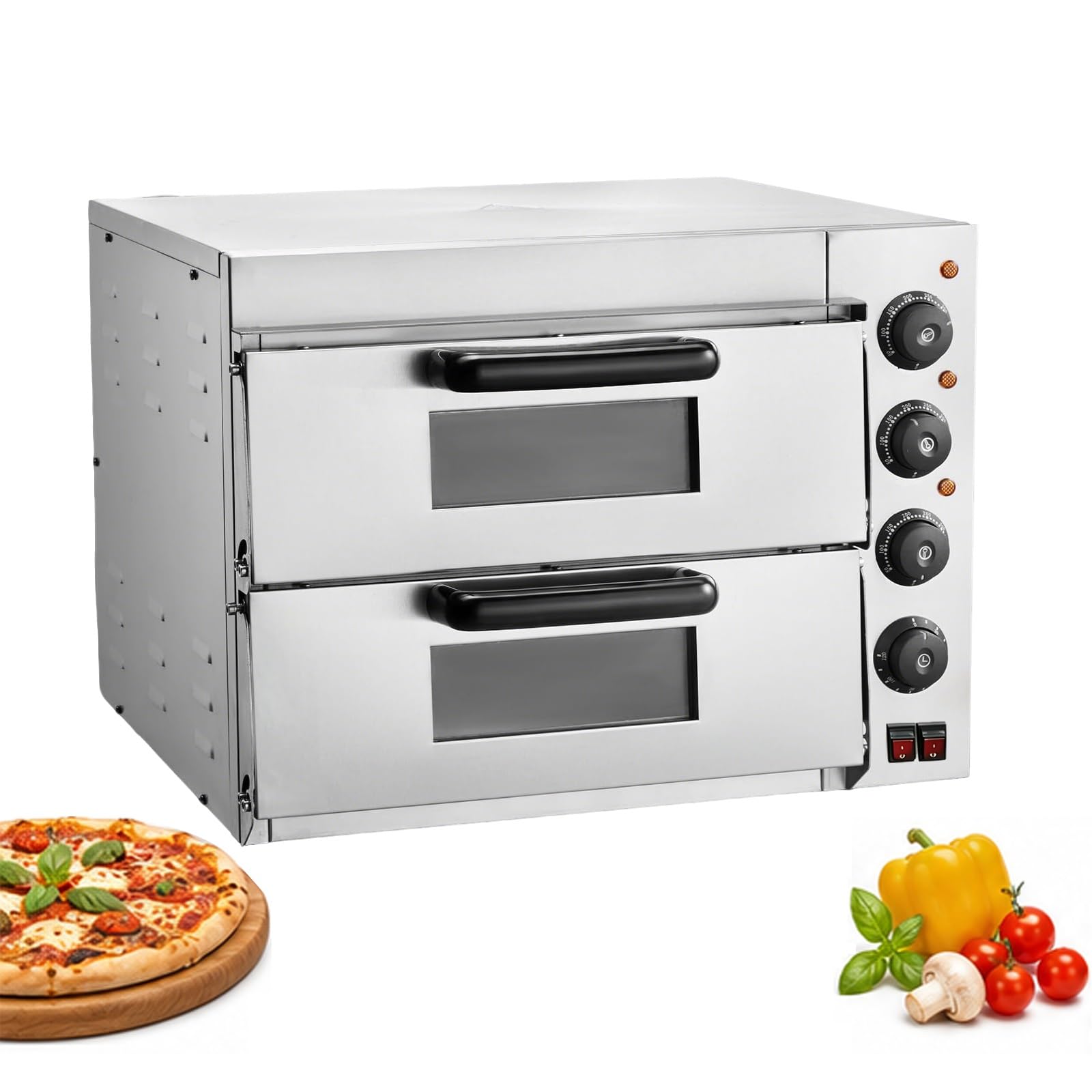 Forno professionale per pizza, elettrico in acciaio inox, piano singolo/doppio con pietra e manico, per interni ed esterni, multiuso, per ristoranti e uso domestico