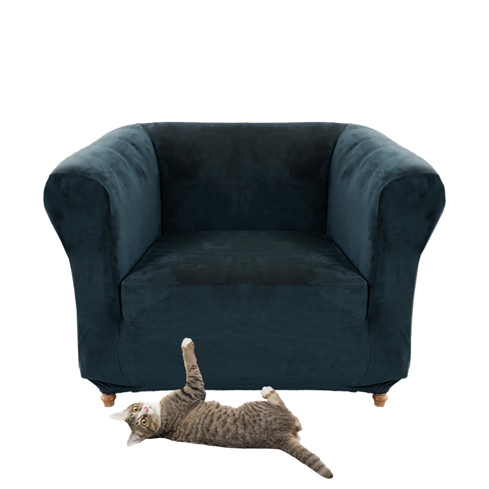 Stretch Velvet Chesterfield Sofa Cover Couch Cover with Seat Cushion for Curved Chaise Armchair Vintage Style (Navy Blue Chair)