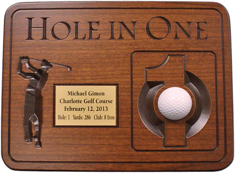 Hole in One Wall Mounted Cherry Plaque | Router Engraved Etchings | Includes Personalized Plate | Holds Your Golf Ball | 12" W X 9" H | Horizontal Layout | Made in the USA