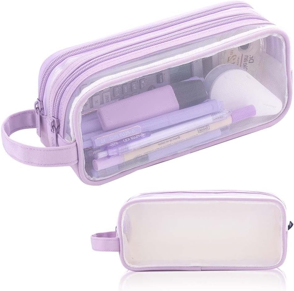GINGER TECH Pencil Case Clear Mesh Pencil Pouch, Large Capacity Pencil Bag for Exam, 2 Compartment Pen Bag, Zipper Transparent Stationary Pen Cases for Student College Business Travel Office (Purple) โ image 1