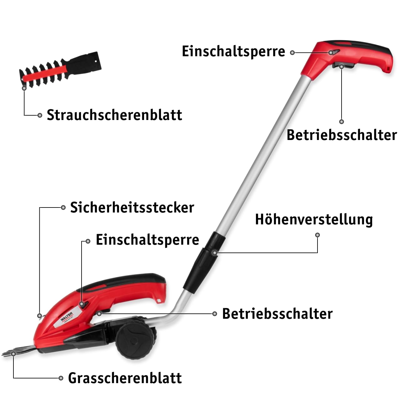 WALTER Akku-Gras- und Strauchschere 7,2 V Li-Ion - Flexibles 2-in-1 Gerät, LED-Ladestandsanzeige, Austauschbare Schnittmesser, Kabelloses Arbeiten, Einfache Handhabung, Inkl. Teleskopschlitten