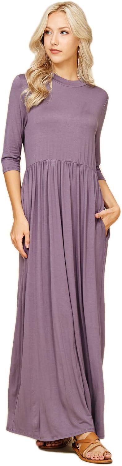 Annabelle Women's 3/4 Sleeve Long Maxi Dresses with Side Pockets