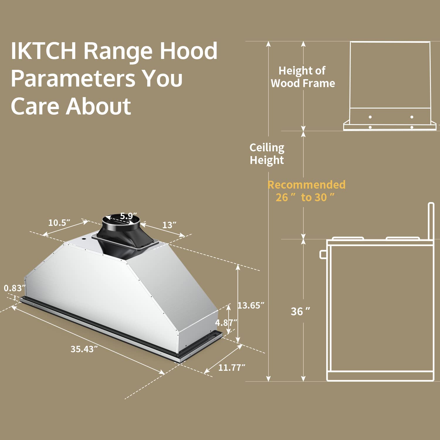 IKTCH 36 inch Insert Range Hood Black, 900 CFM Stainless Steel Kitchen Vent Hood, Ducted/Ductless Convertible Built-in Range Hood with 4 Speed Gesture Sensing, Touch Control and LED Lights