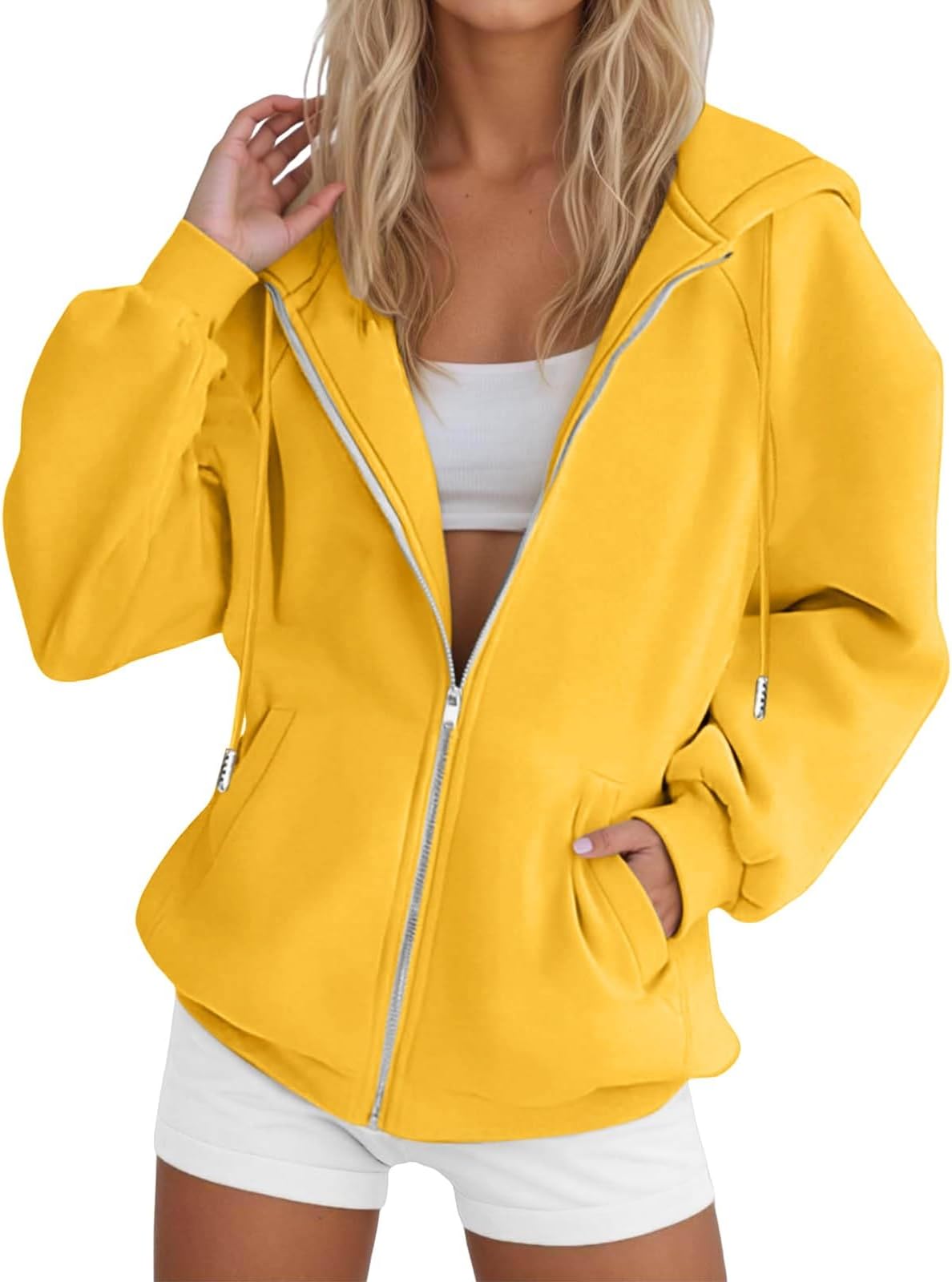 Jackets For Women Trendy Zip Up Hoodie Women Oversized Y2K Jacket Lightweight Fall Streetwear Hoodies Long Sleeve Sweatshirts Yellow Fall Clothes Medium