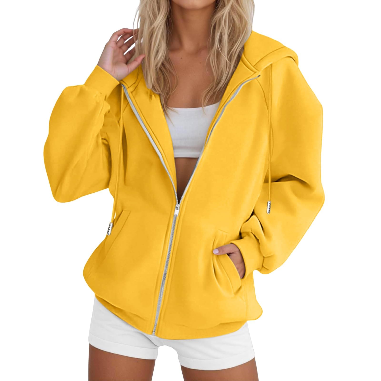 Jackets For Women Trendy Zip Up Hoodie Women Oversized Y2K Jacket Lightweight Fall Streetwear Hoodies Long Sleeve Sweatshirts Yellow Fall Clothes Medium