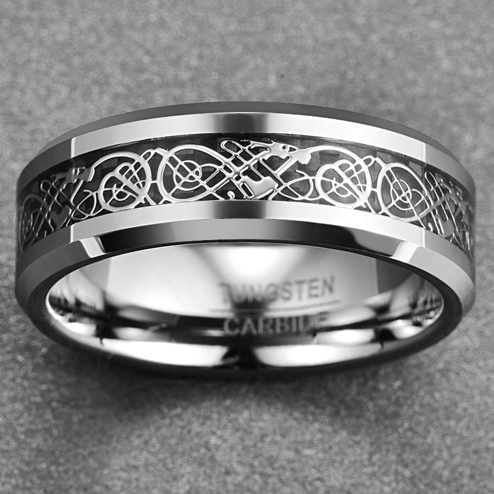 Vakki Celtic Dragon Rings for Men 8mm Blue/Silver Carbon Fiber Inlay Tungsten Carbide Wedding Band Beveled Edge Size 5-14