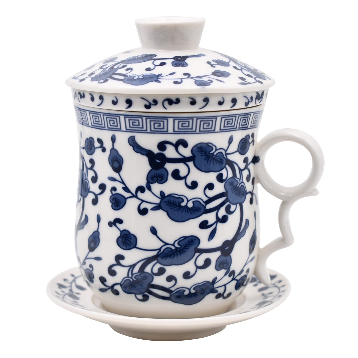 THH Chinese Porcelain Tea Mug-4 PCS Kit JingDeZhen Handmade Ceramic Kung Fu Tea Cup with Loose Leaf Tea Brewing System For Home Office Kitchen (Style R)