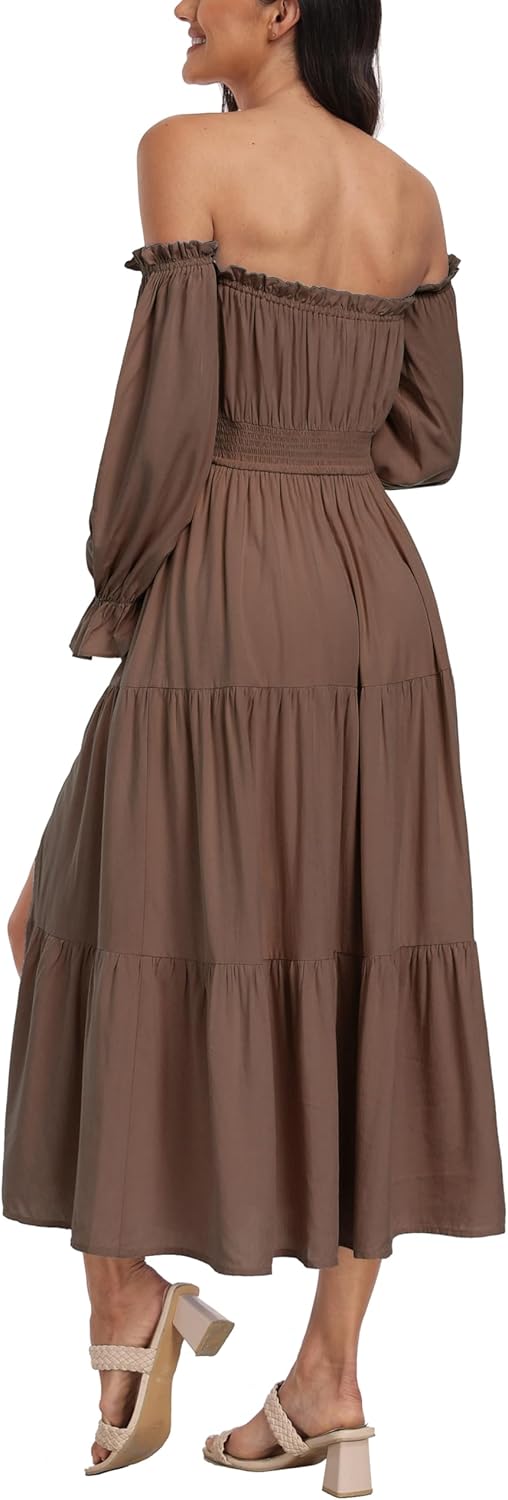 Boho Off Shoulder Maternity Dresses, Long Sleeve Side Split Flowy A Line Tiered Maxi Dress for Baby Shower Photoshoot - Image 6