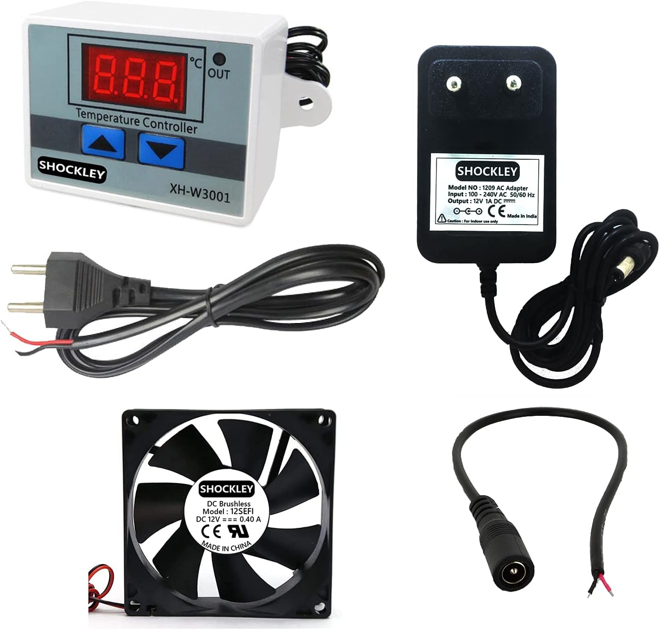 Shockley XH-W3001-50 to 110c Intelligent Digital Thermostat temperature controller combo (220V / 1500W) + FAN + MAINS POWER CORD + DC Female Jack + 12V 1Amp Adapter