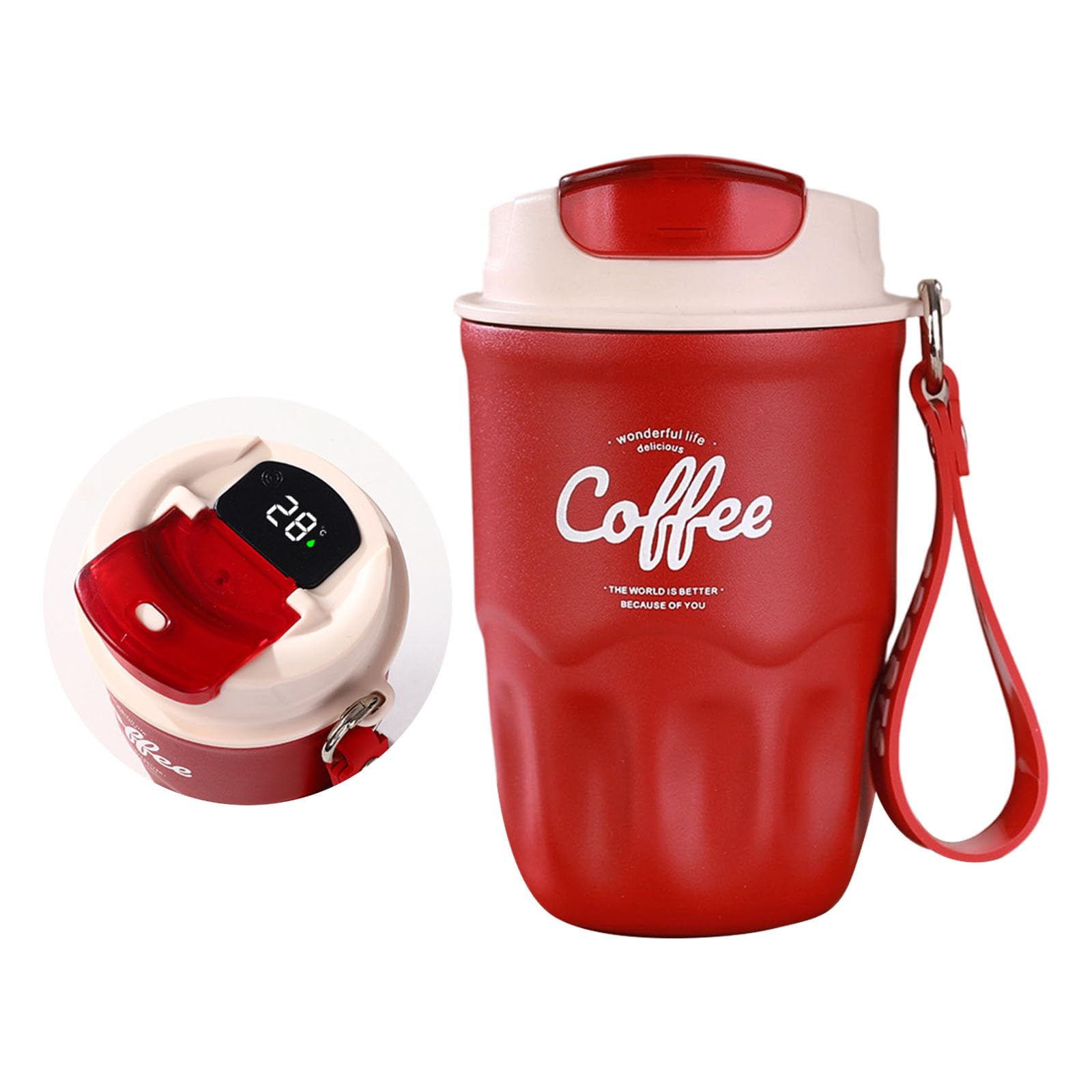 Elnwnnkc Insulated Travel Mug Stainless Steel Coffee Cup with Carry Strap, Drinking Lid and Compact Desk Drink Carry Use Compact Daily Tea Water