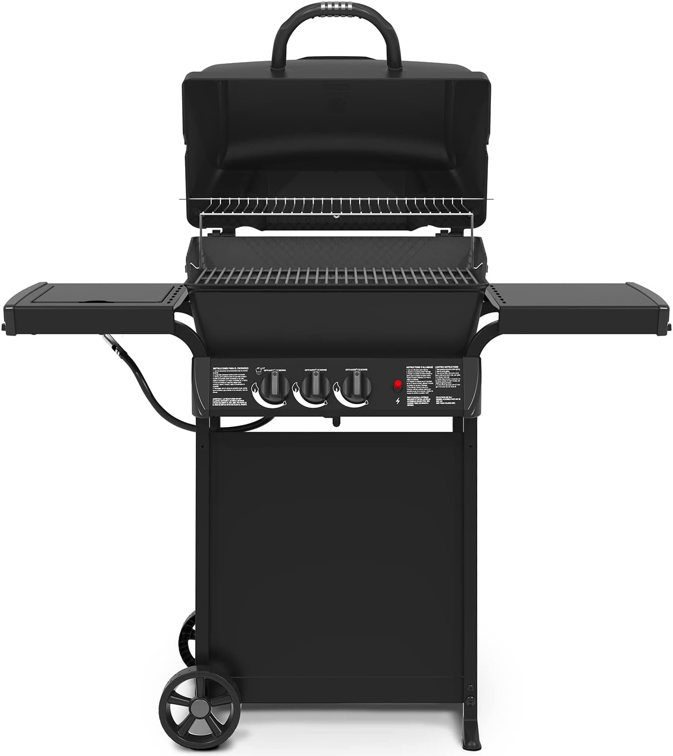 Broil-Mate 30040BMT Gas Grill with lid open, showing cooking grates and warming rack