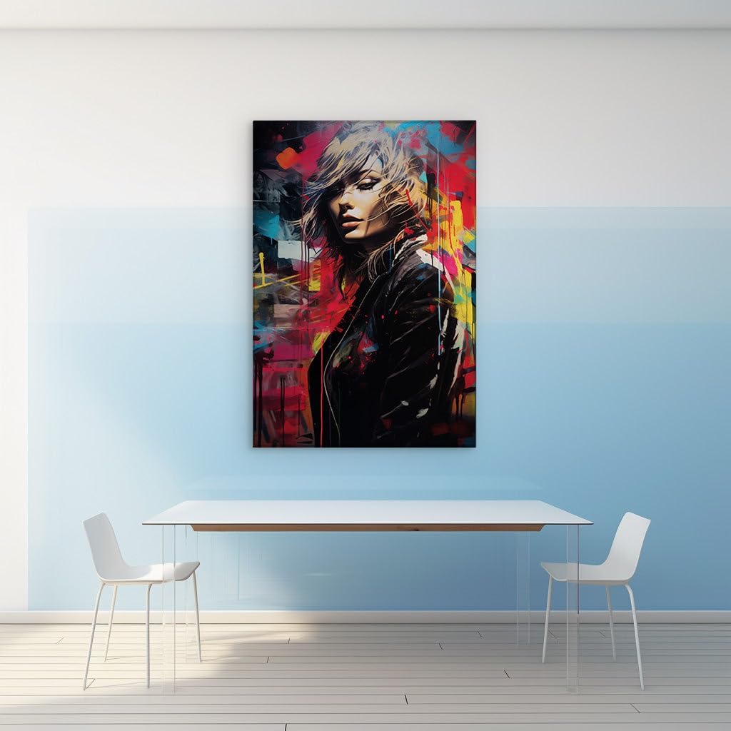 Canvas for Living Room. Street Art Chic: The Vivid Dance of Colors Behind a Leather-Clad Muse, 27 x 18 inch Canvas Wall Art - Modern Home Decor