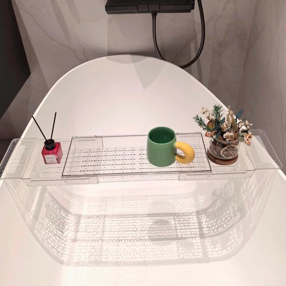 Bandeja extensible para bañera con soporte para copas de vino y libro, estante de baño transparente para relajación de spa, se adapta a bañeras de hasta 29.5 pulgadas de ancho, perfecta para remojar y