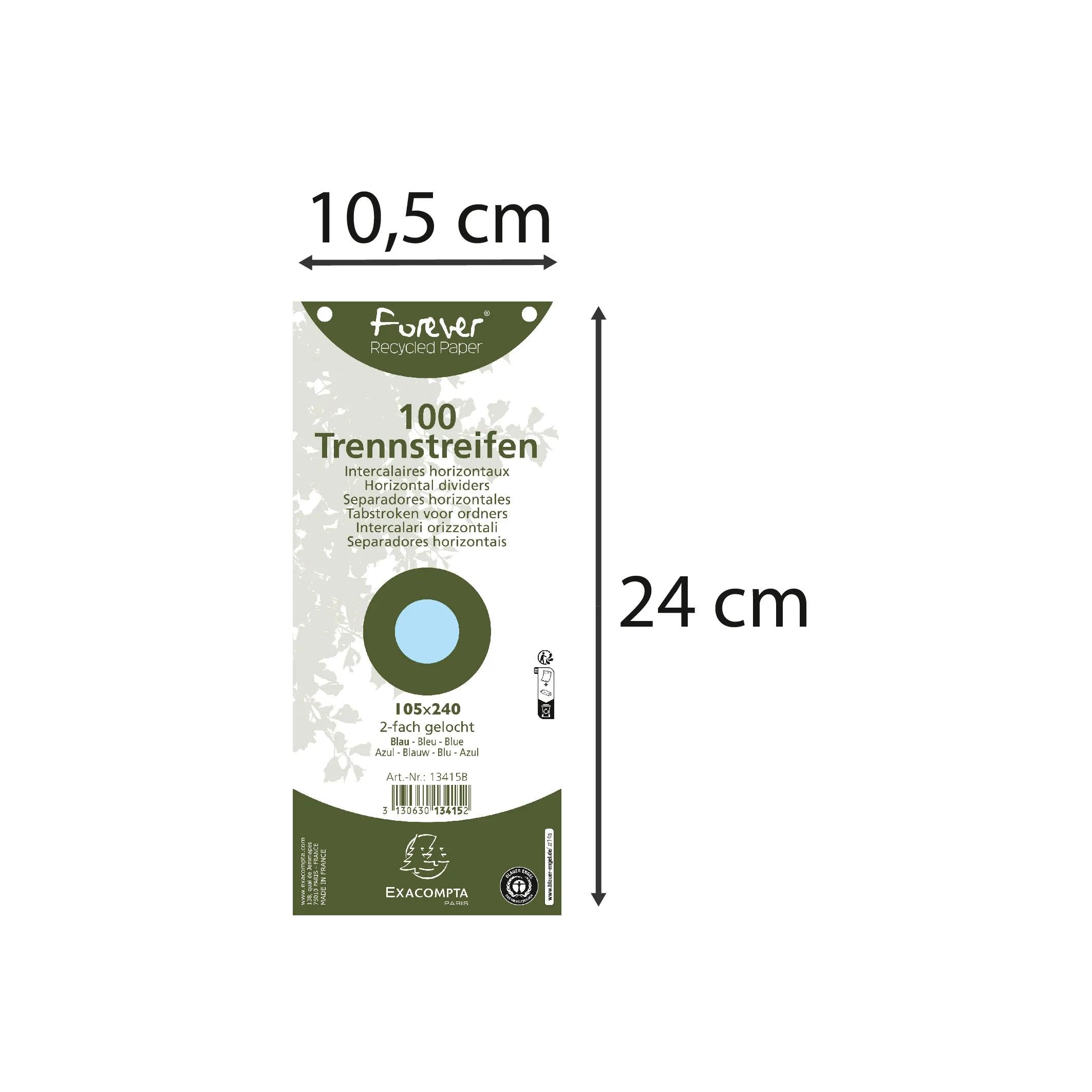 Exacompta - Cod. 13415B - Confezione da 12 pacchetti da 100 fogli divisori orizzontali a tinta unita e perforati Forever - divisori per raccoglitori o raccoglitori a leva - 105x240 mm - Azzurro