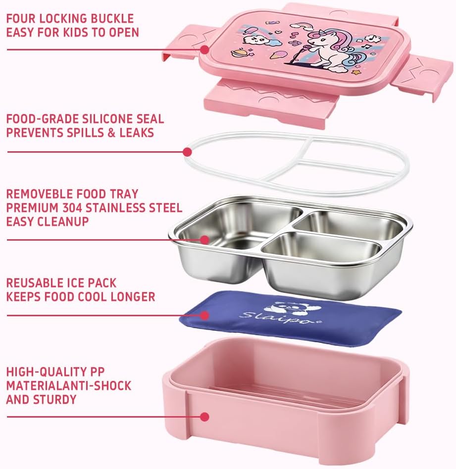 Stainless Steel Bento Lunch Box for Kids with Bag, Ice Pack, Utensil