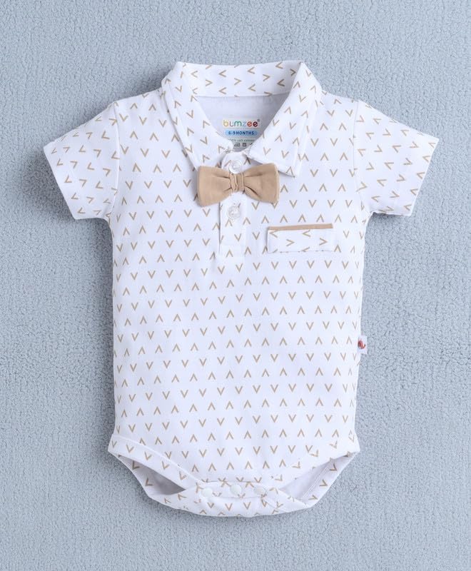 Image of BUMZEE Boys Regular Fit Half Sleeves Collar Neck Cotton Bodysuit & Short Set With Applique Bow Suspender & Cap