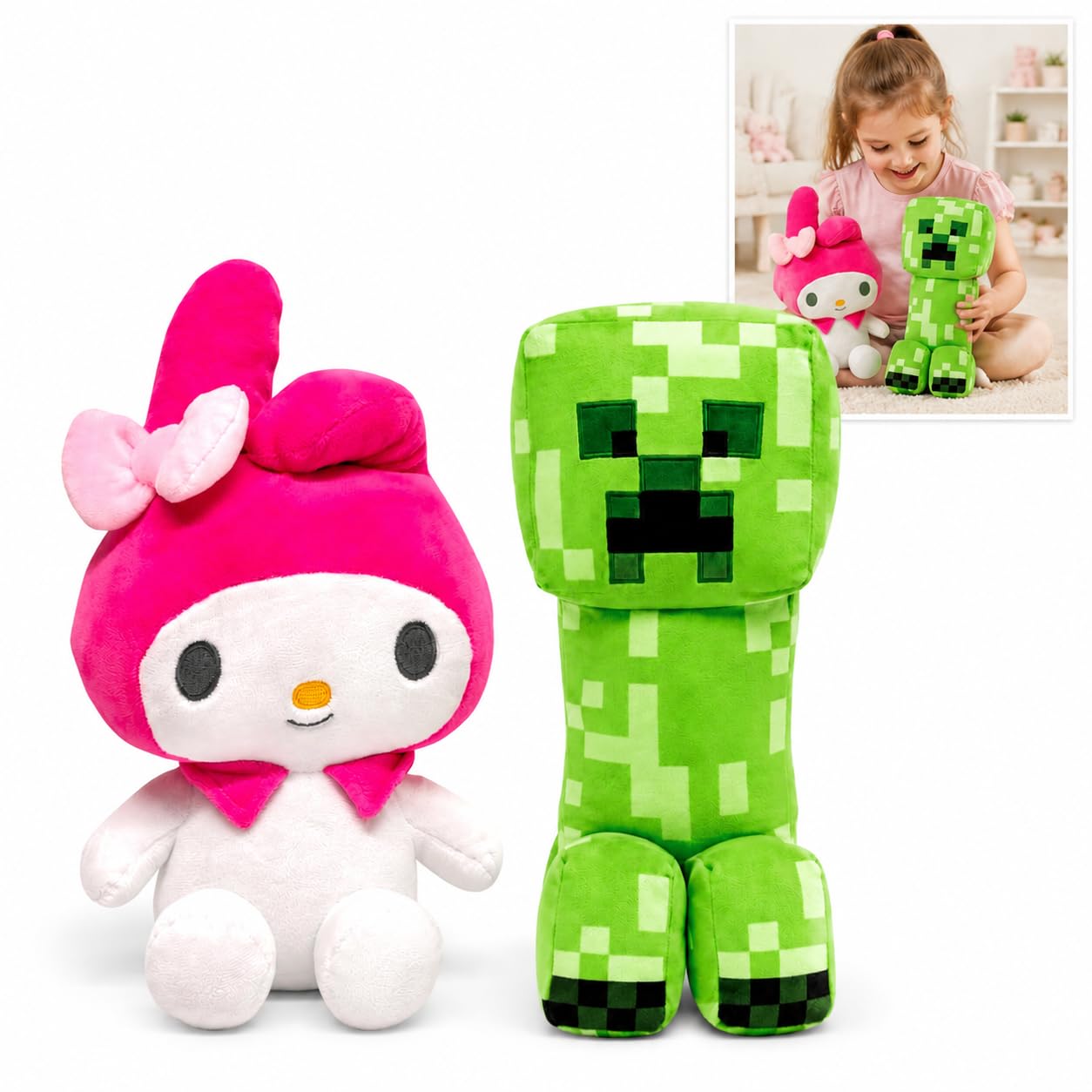 Hello Kitty My Melody & Minecraft Creeper Plush Toy Set, 30cm Hello Kitty Minecraft Creeper Soft Stuffed Teddy Bundle for Kids, Gamers, Collectors, Gift for Boys & Girls Ages 4+ — image 1