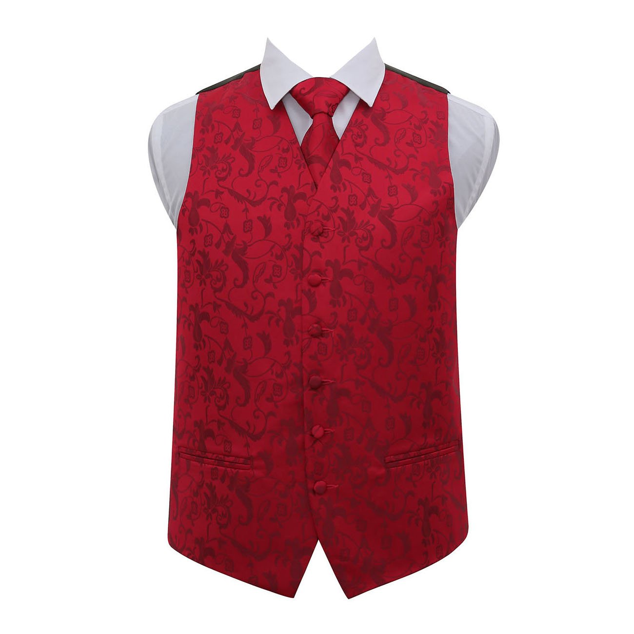 Dqt Men's Burgundy Passion Floral Jacquard Waistcoat & Tie Set (2Pc) - Wedding, Business & Formal - 50" (5Xl)