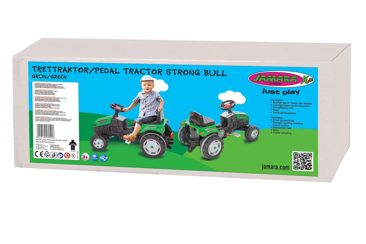 Trettraktor Strong Bull – Kippschutz, Antrieb durch Treten der Pedale, leichtgängiges Lenkradsystem, Verstellbarer Sitz, Hupe, Anhängerkupplung, Maximalgewicht 60 KG