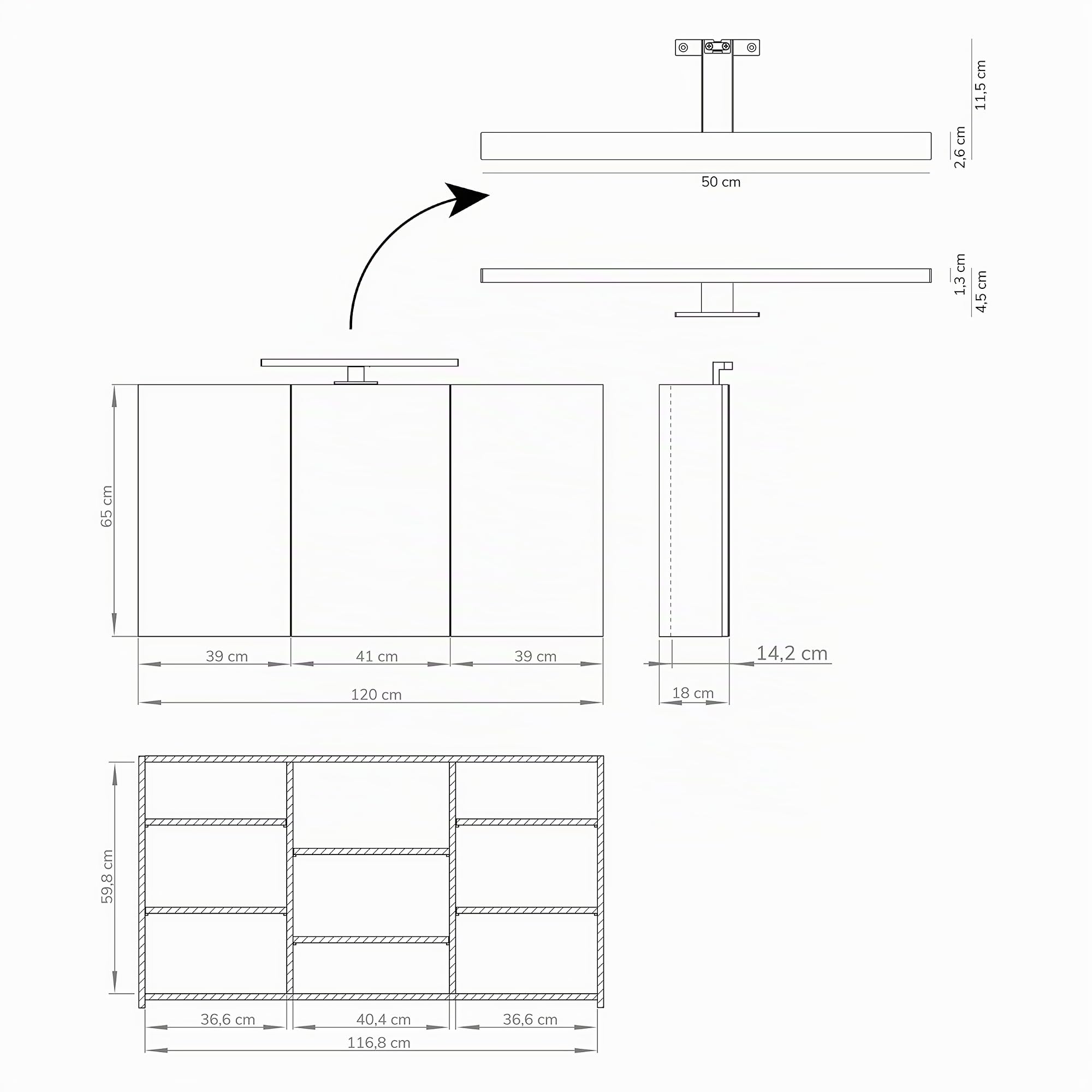 Baikal Mueble Camerino con Espejo, Armario Auxiliar de Baño Multiusos, Opción con o sin Luz LED. Mueble de Pared de fácil colocación. Armario MONTADO. Acabado Blanco. Camerino LED 120 cm