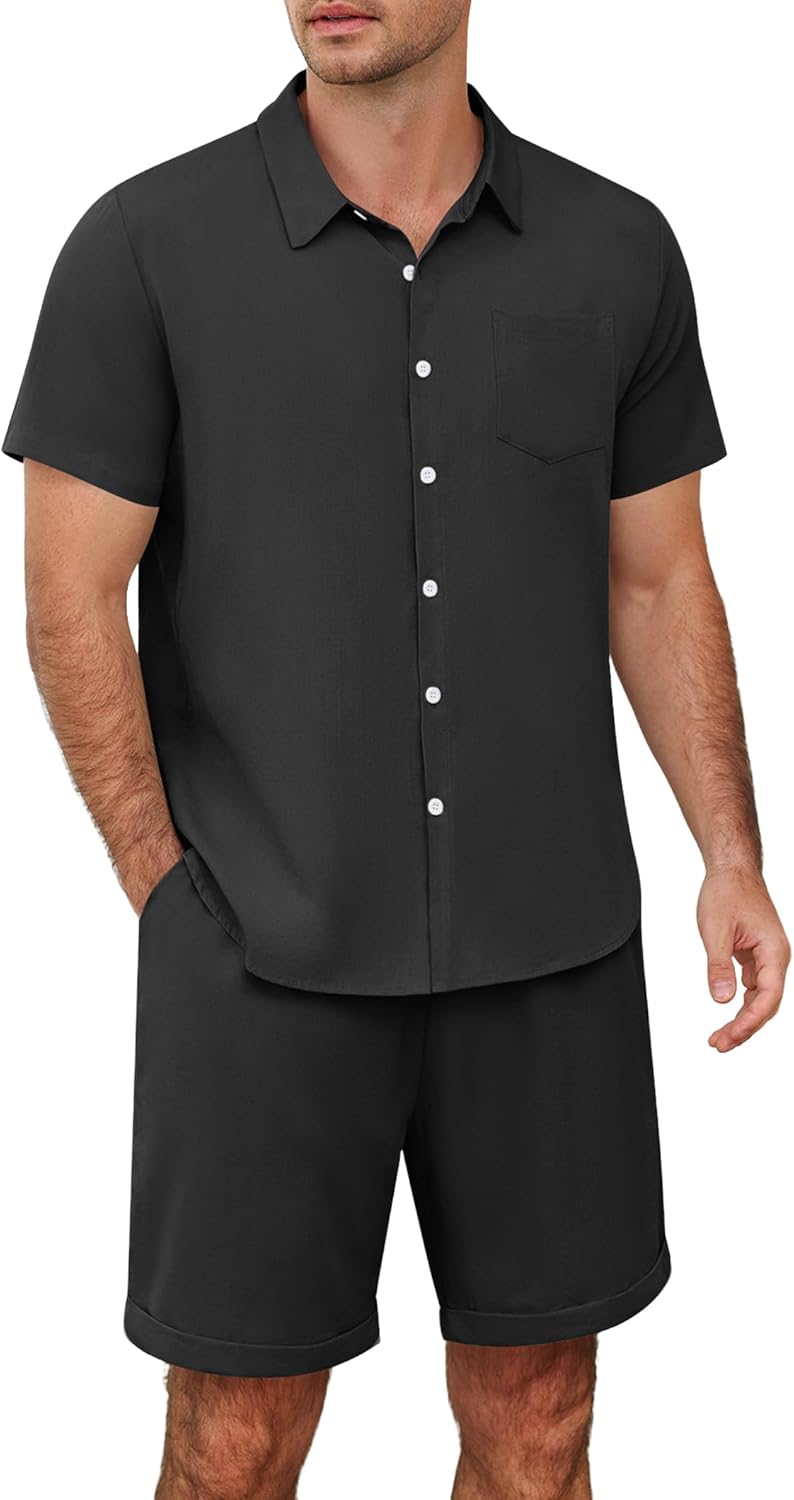 Marvmys Men's 2 Pieces Linen Set Summer Short Sleeve Button Down Shirts and Shorts Set Casual Outfits