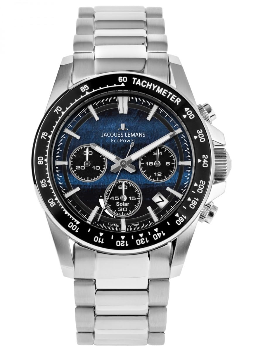 JACQUES LEMANS 50-10B Solar Chronograph Limited Edition zegarek męski 42 mm szkło szafirowe 10 ATM bransoletka ze stali nierdzewnej kolor srebrny ze skórzanym paskiem