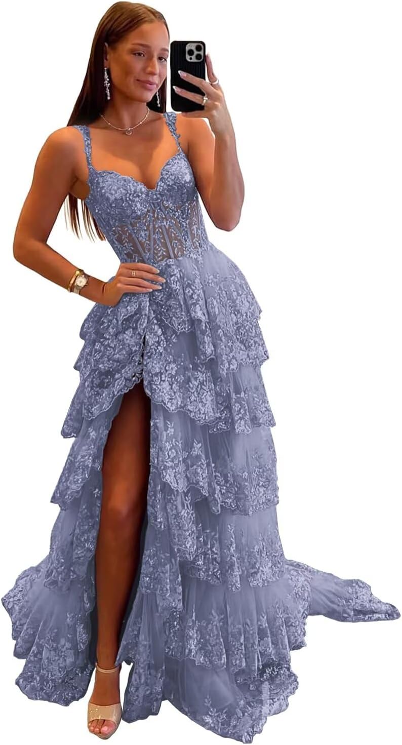 Smileven Long Tiered Lace Tulle Prom Dress Spaghetti Straps Sparkly Formal Evening Party Gowns