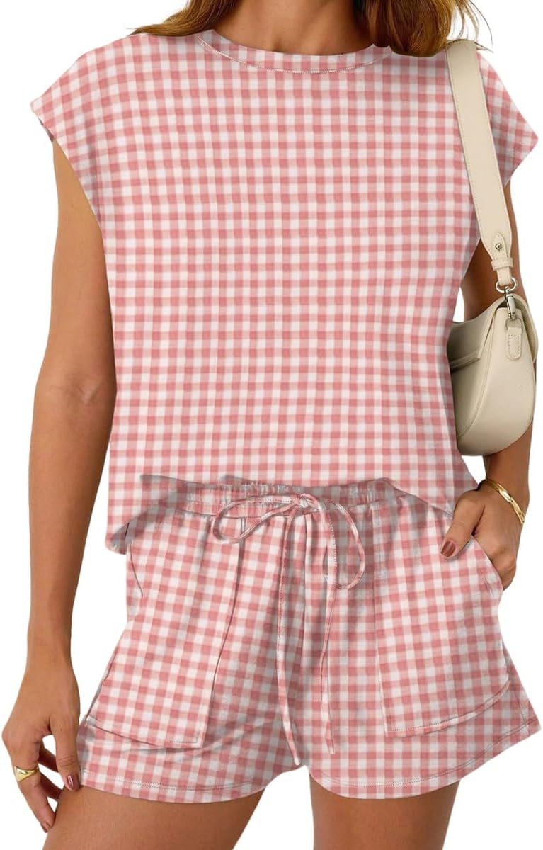 NIFTRIRY 2 Piece Sets for Women Crew Neck Cap Sleeve Top and Wide Leg Shorts Casual Outfits Lounge Wear