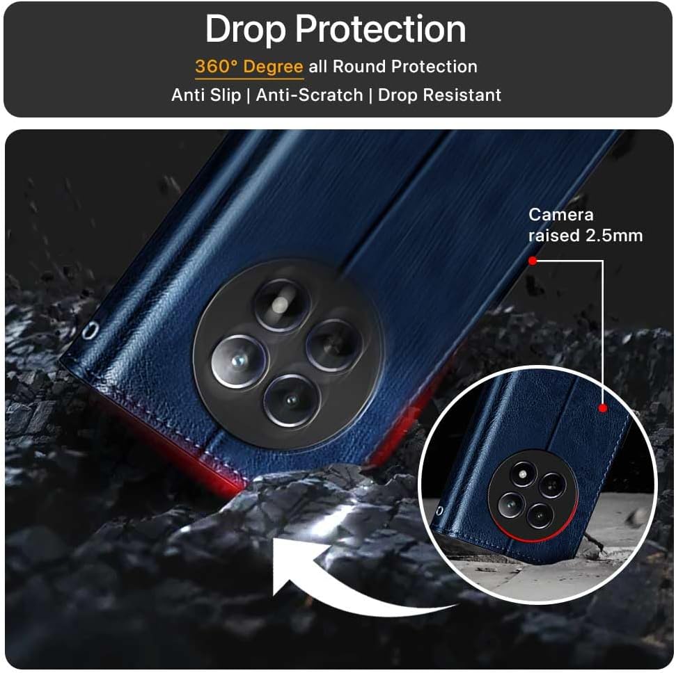 Shock Proof Flip Cover Back Case Cover for Realme 13 5G | Realme 12 5G | 12X 5G | Narzo 70x 5G | C65 5G | N65 (Flexible | Leather Finish | Card Pockets Wallet & Stand | Blue)