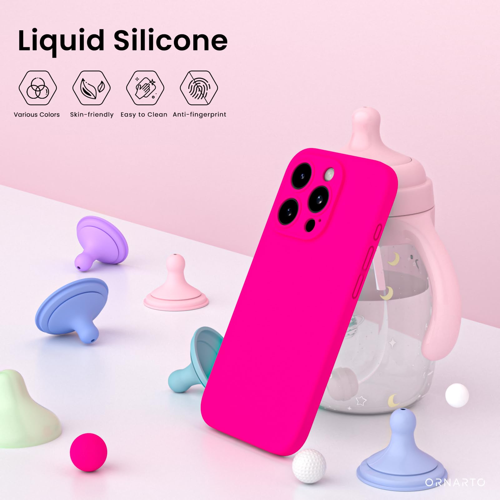 ORNARTO Cover per iPhone 15 pro Silicone 6.1 Pollici, con 2 Pellicola Vetro Temperato, Morbido Silicone Liquido Protezione, Antiurto Ultra-Sottile Protezione Custodia iPhone 15 pro-Rosa Caldo