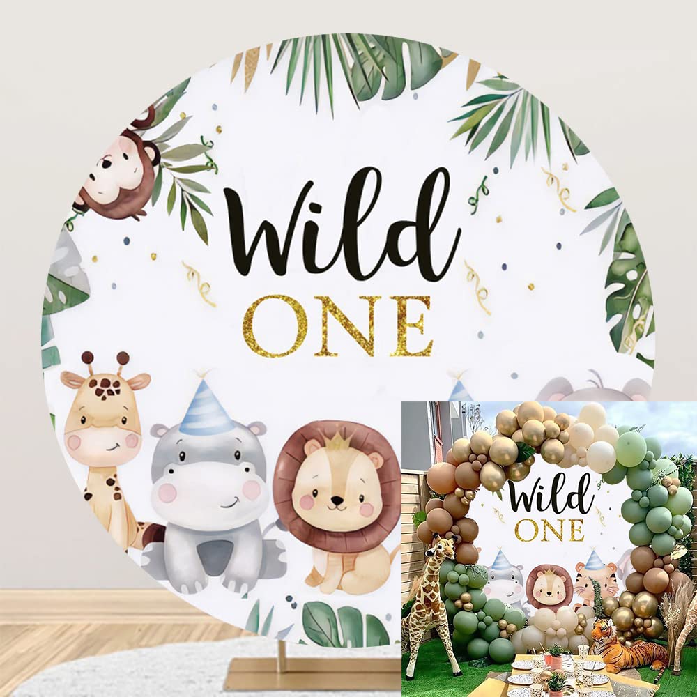 Leyiyi 7.2x7.2ft Wild One Round Backdrop Cover Jungle Safari Animals Circle Backdrop Stand Cover Tropical Leaves Forest Zoo Photography Background for
