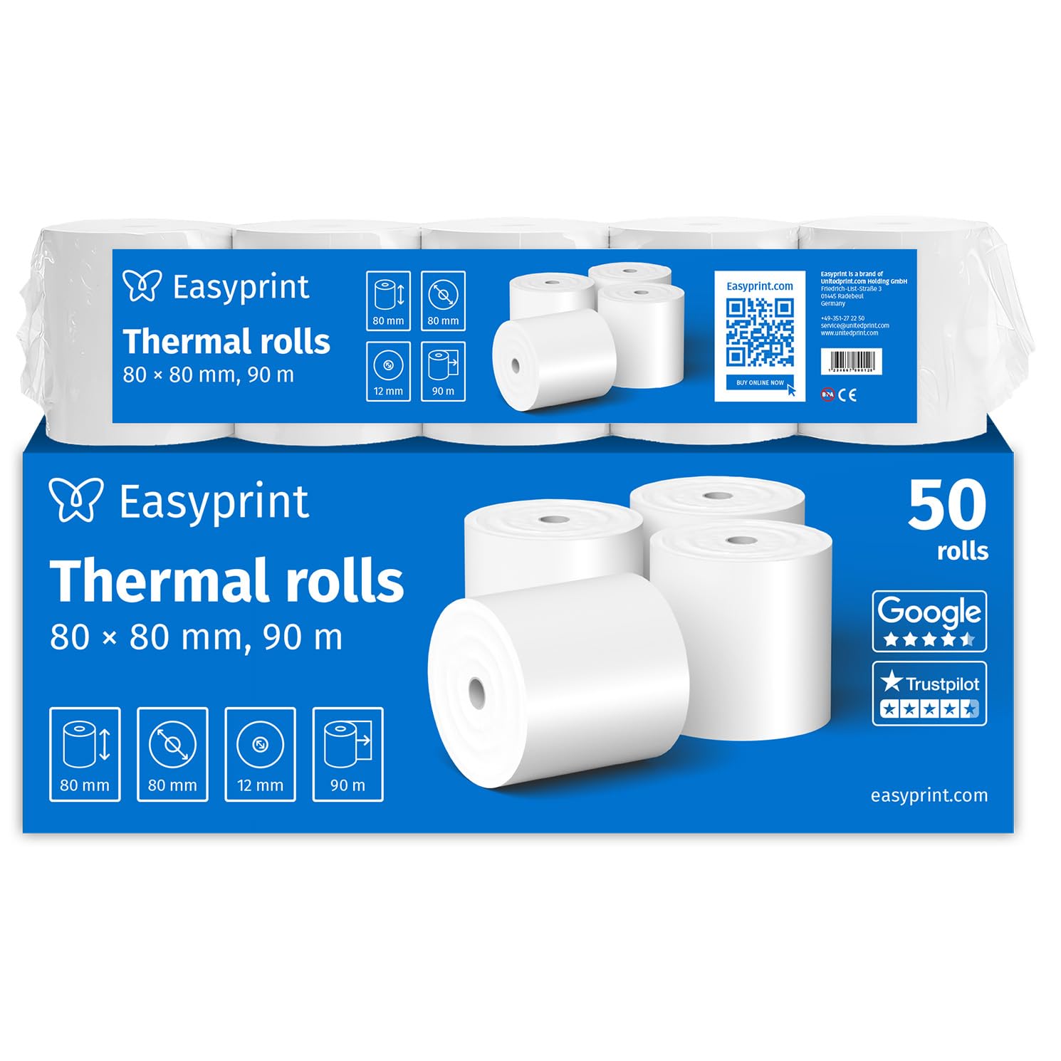 NEU: Easyprint Thermorollen/Kassenrollen, 50 Rollen, 80mm x 80mm x 12mm, 90m, PEFC Umweltzertifikat, Für EPSON, IBM, u.v.m.