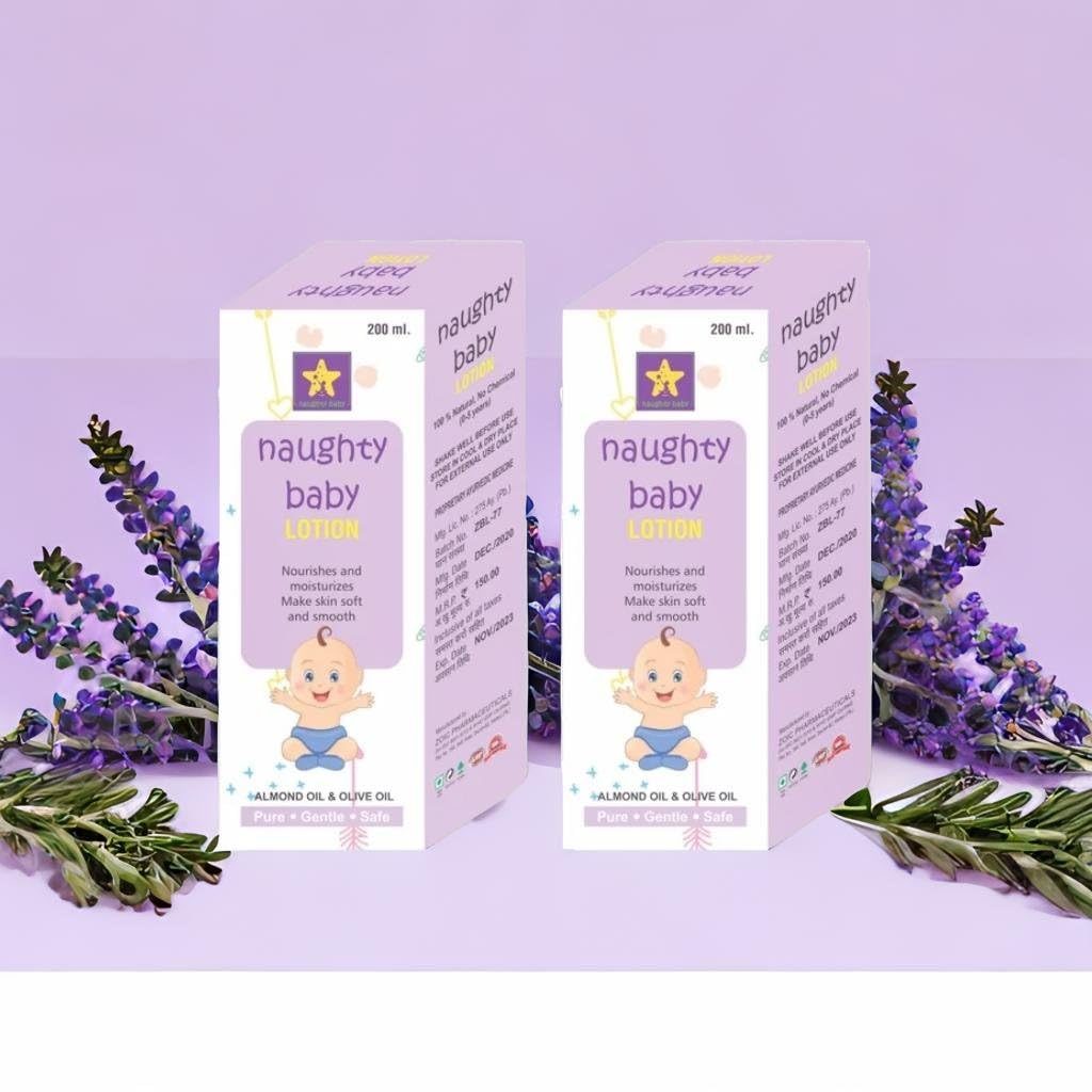 Naughty Baby Moisturizing Lotion with Almond Oil & Aloe Vera - Gentle Hydration for Sensitive Baby Skin - Natural Ingredients, Non-Greasy, Paraben-Free - Locks Moisture, Daily Use, Safe & Soft