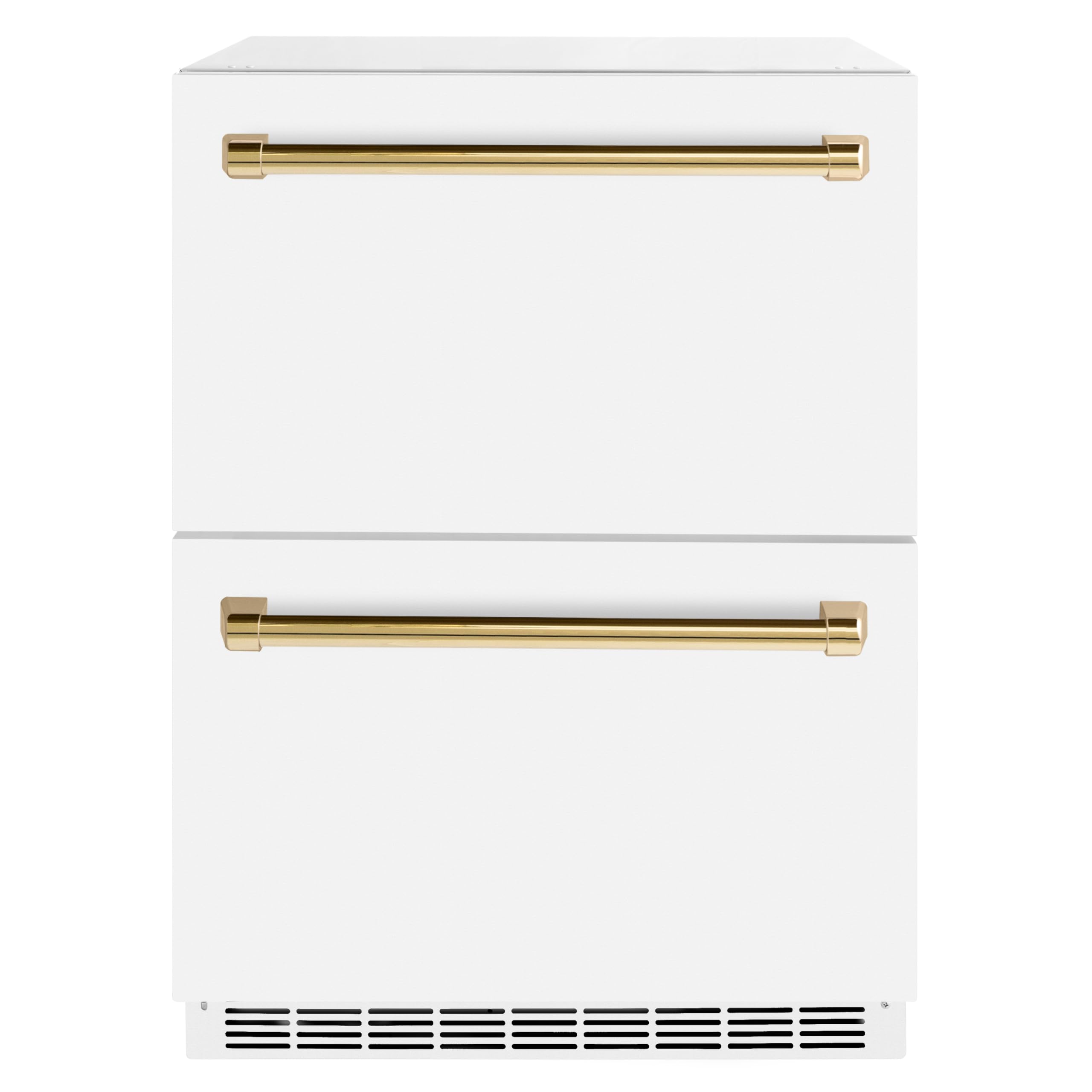 ZLINE Autograph Edition 24 In. Touchstone 168 Can Outdoor-Rated Dual Refrigerator Drawer With White Matte Doors And Polished Gold Handles (Rdsoz-Wm-24-G) on Fridge.com - View 1