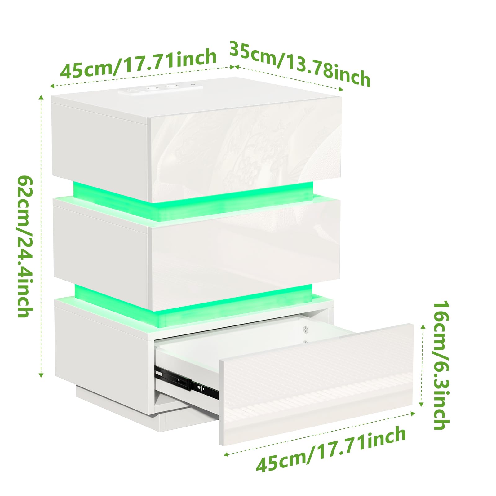 2er Set Nachttisch mit Steckdose und led, Nachtschrank mit USB und ladefunktion, Nachtkommode mit 3 Schubladen (45x35x62cm, Weiß)