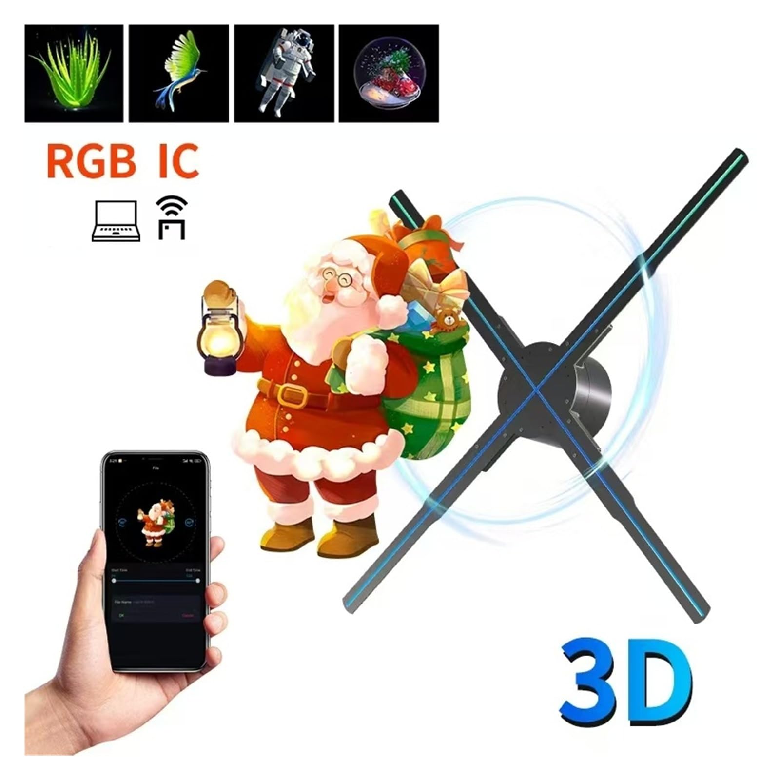 Ventilatore con ologramma 3D, Fan dell'ologramma 3D Insegna luminosa a LED Luci pubblicitarie for le vacanze Immagine del display telecomando WIFI
