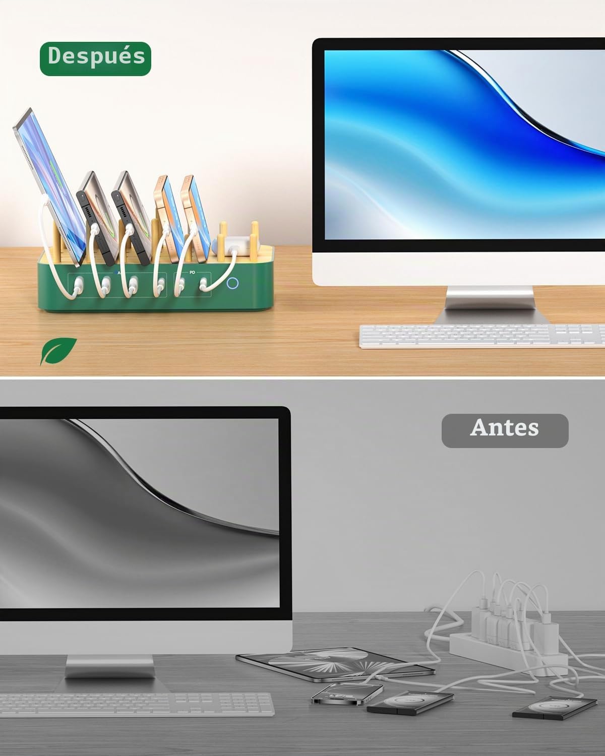 Estación de Carga USB-C de bambú para múltiples Dispositivos,60W, 6 Puertos con 3 Salidas de CA (3 USB C, 3 USBA),Cable de alimentación de 2 m para teléfono, lPad y Tableta(6 Cables incluidos),Verde