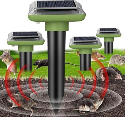 Solar Mole Repellent Ultrasonic 4 Pack Outdoor Powered Sonic Deterrent - Mole Stopper Scare Vole for Lawn Garden & Yard Home - Outdoor Garden Lawn Yard Get Rid of Moles Voles Gophers Rats Rodents