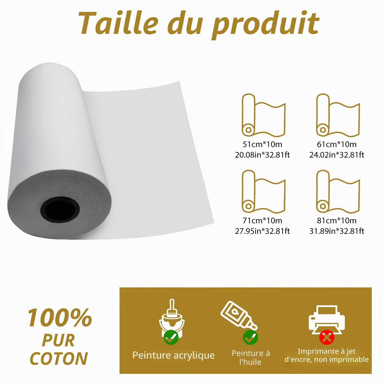 Toile en rouleau 50 cm x 10 m, 100 % coton, 270 g/m², toile à peindre, pré-apprêtée, rouleau de toile au mètre, indéchirable, pour peinture acrylique et peinture à l'huile (51 cm x 10 m)
