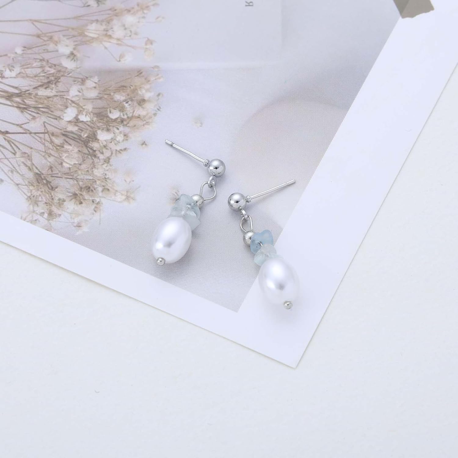 Vintage Pearl Dangle Earrings Blue Natural Stone Drop Earrings Tiny Blue Gemstone Earring Silver Irregular Aquamarine Earring Jewelry for Women - Image 6