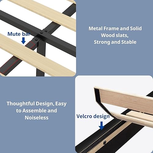 Miniatura 6 de Chenoa Base de cama tapizada tamaño matrimonial con plataforma copetuda con cabecera con respaldo de ala, base de colchón de listones de madera, no