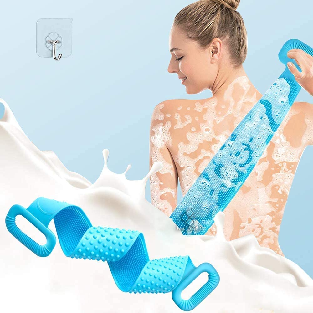 Krupanidhi Body Wash Silicone Body Scrubber Belt Double Side Shower Belt Removes Bath Towel Waterproof Easy Foot Cleaner Cleaning Brush Scrubber for baby (Random Color)