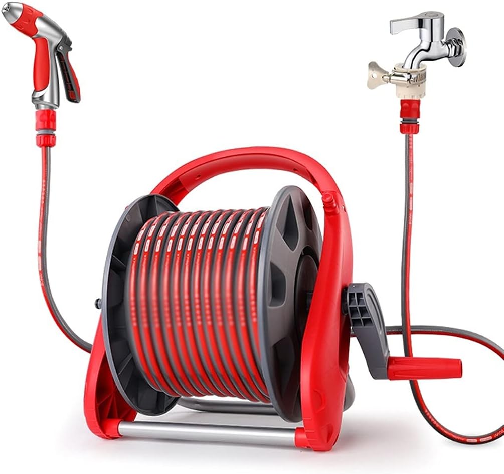 Garden Hose Reel Cart Small,Garden Watering Gun Hose Storage Rack Set, Household Cleaning Pet Bathing Hose Car Tool, Outdoor Irrigation Tool (Color : Gray+Red, Size : +DN15 40m Pipe)