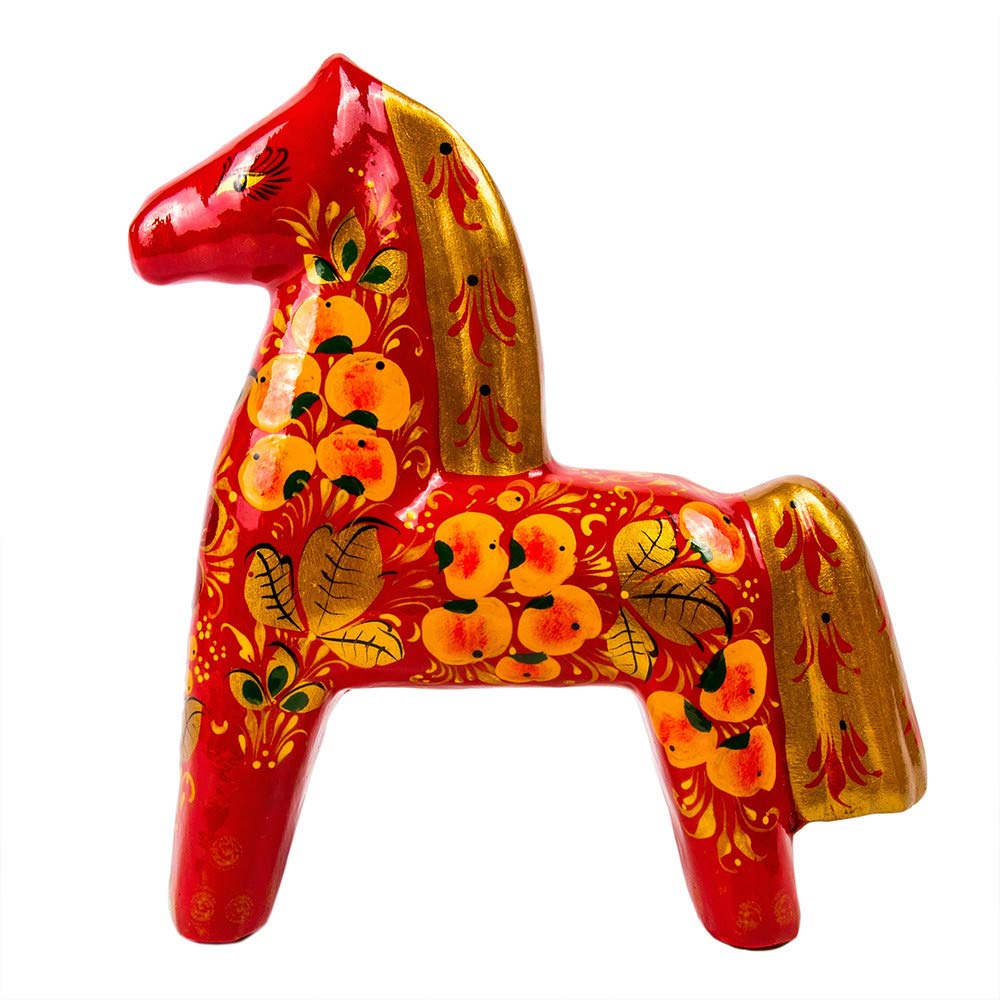 Khokhloma Painting Collectible Figurine Hand-Painted Wooden Horse in Red 7.9x7.5x2.6-inch Small Horse Figurines for Decor