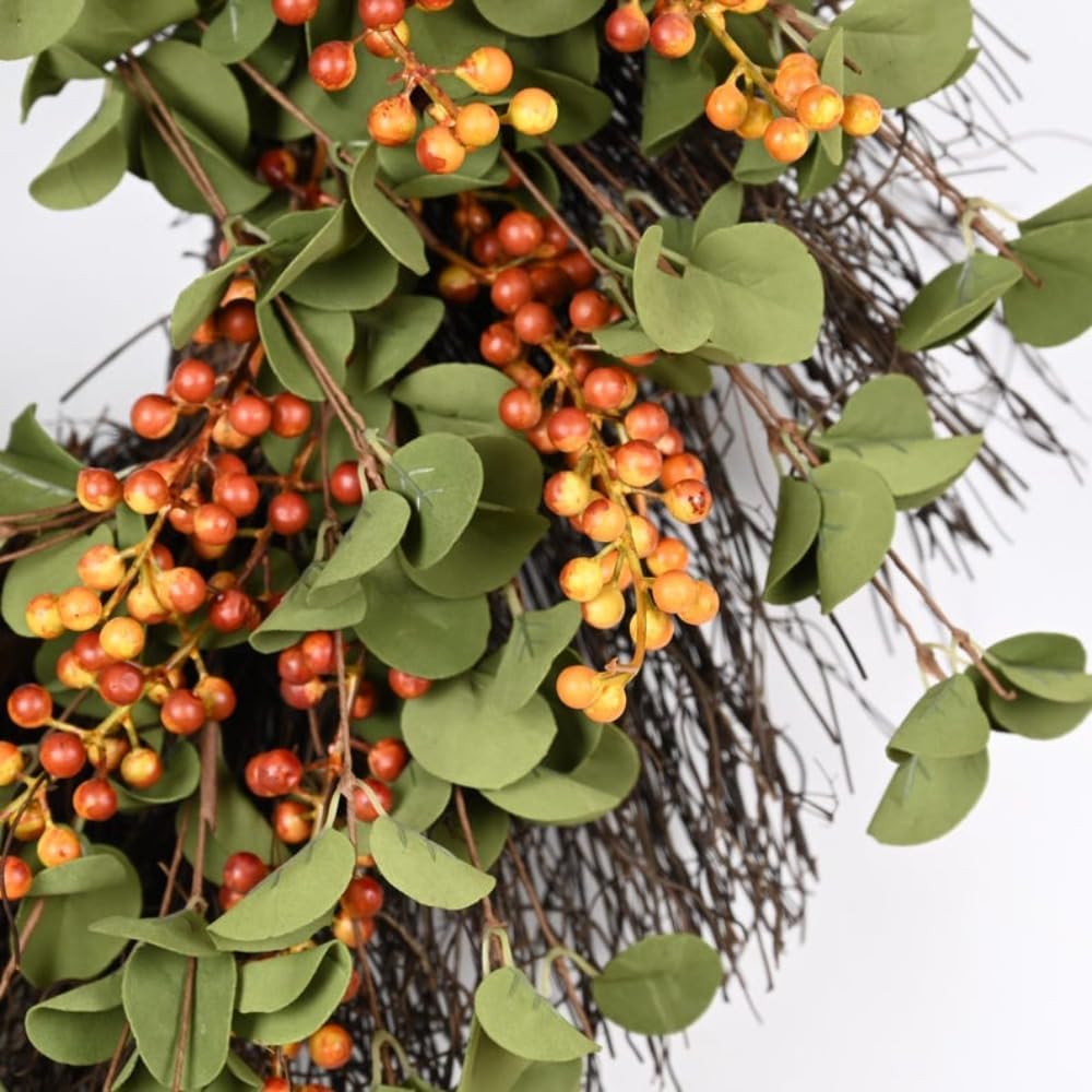 Handmade Fall Wreath for Front Door, Rustic Eucalyptus Wreath with Orange Red Berries, Natural Twig Base Farmhouse Decor for Home