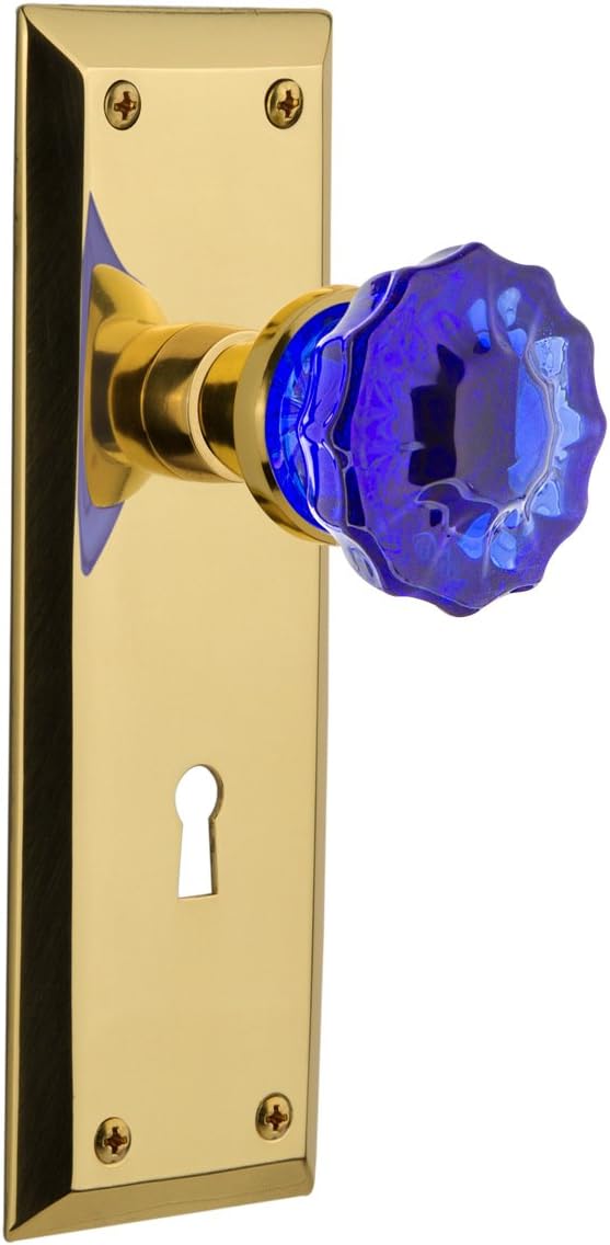 Nostalgic Warehouse 722952 New York Plate with Keyhole Single Dummy Crystal Cobalt Glass Door Knob in Timeless Bronze