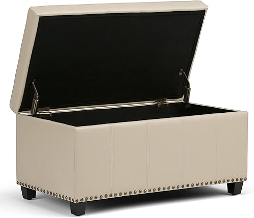 Miniatura 5 de SIMPLIHOME Amelia - Banco otomano rectangular de transición de 33 pulgadas de ancho en piel sintética vegana crema satinada, para sala de estar,