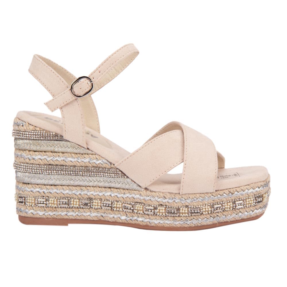 BELINDA PEREGRIN | Sandalia con Plataforma de 9 cms de Textil Para Mujer Hebilla de Punta Cuadrada de Primavera | Con Tiras Anchas y Pulsera con Cuña Adornada y Suela Antiderrapante Color Beige 24